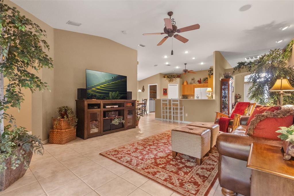 A living room with tile floors, a large area rug, and an open kitchen layout — 13813 SIGLER STREET, RIVERVIEW, FL