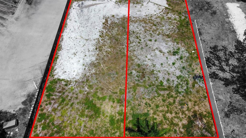 An aerial view shows two adjacent, undeveloped rectangular lots outlined in red — 35TH STREET W, BRADENTON, FL