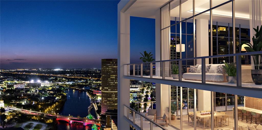 This is a rendering of a high-rise balcony overlooking a city skyline at night — 111 S ASHLEY DRIVE UNIT 2103, TAMPA, FL
