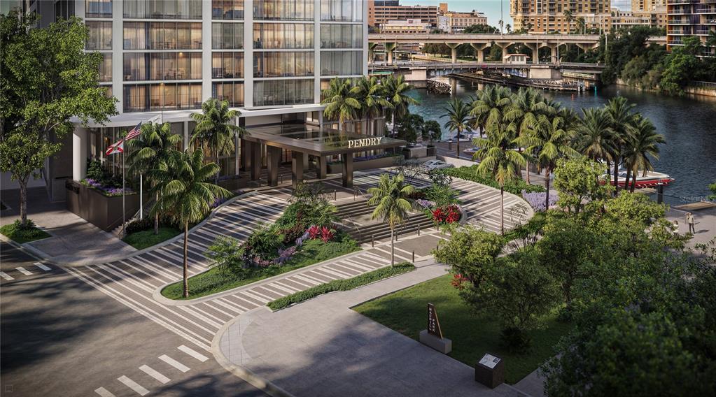 This architectural rendering shows the exterior entrance of a modern hotel building near a river — 111 S ASHLEY DRIVE UNIT 2103, TAMPA, FL