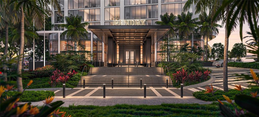 This is a rendering of the exterior entrance to a modern building labeled Pendry — 111 S ASHLEY DRIVE UNIT 2103, TAMPA, FL