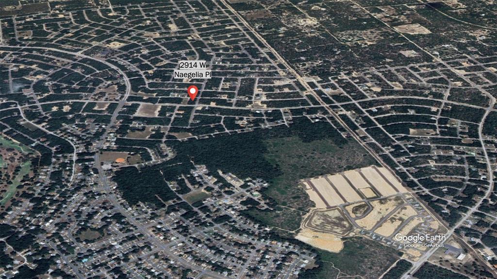 This is an aerial map view of a residential neighborhood with a marked property location — 2914 W NAEGELIA PLACE, CITRUS SPRINGS, FL