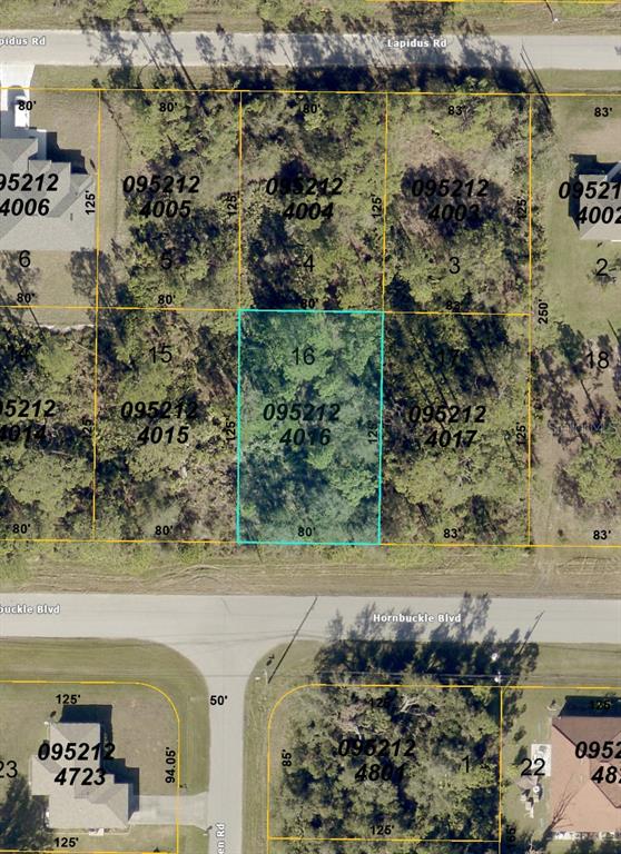 This is a map showing a vacant, rectangular residential lot highlighted in blue — HORNBUCKLE BOULEVARD, NORTH PORT, FL
