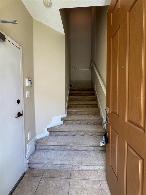 An entryway features a tiled floor, a brown front door, and carpeted stairs leading upward — 10387 WINDING MARSH TRAIL UNIT 2, ORLANDO, FL
