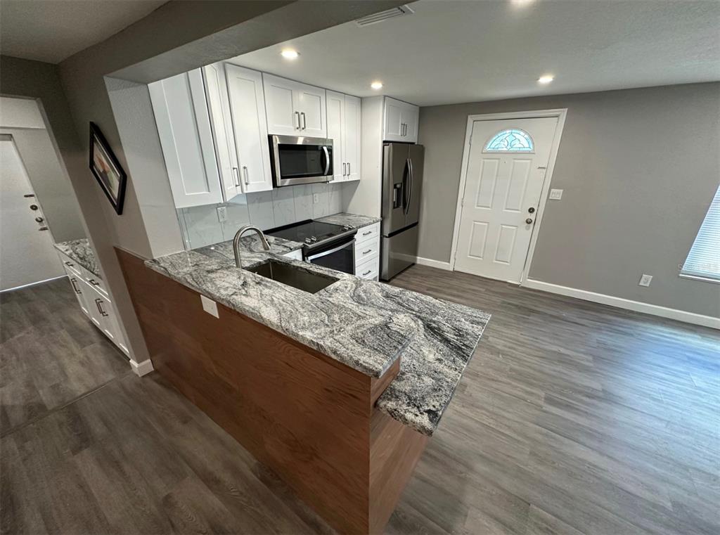 A kitchen features white cabinets, granite countertops, a stainless steel sink, and wood-look flooring — 2301 TRELAIN DRIVE S, ST PETERSBURG, FL