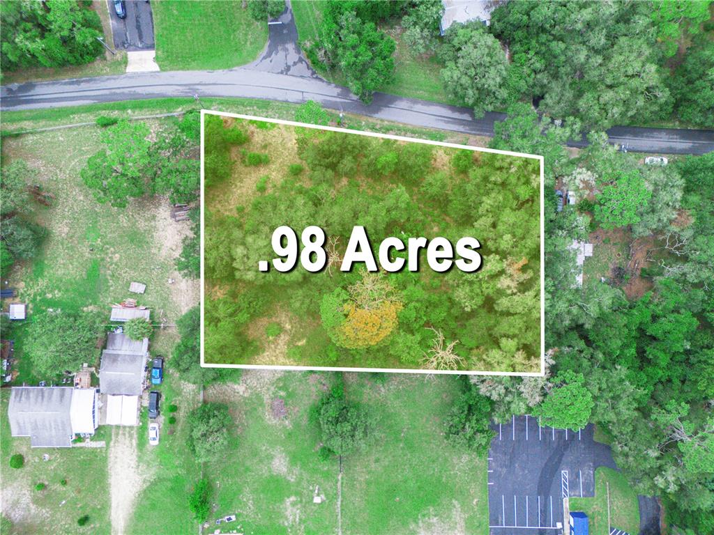 An aerial view shows a wooded, rectangular plot of land labeled as .98 acres — 7021 N PALMER WAY, HERNANDO, FL