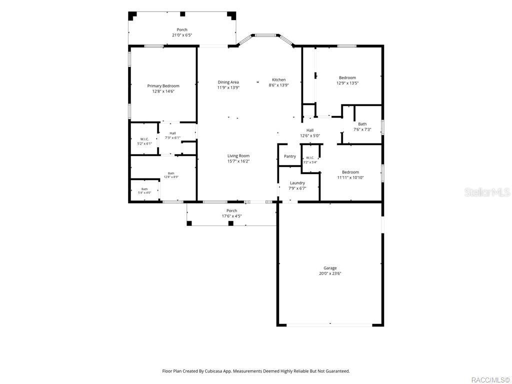 This is a floor plan showing the layout of a house with three bedrooms — 4575 E WALKER STREET, INVERNESS, FL