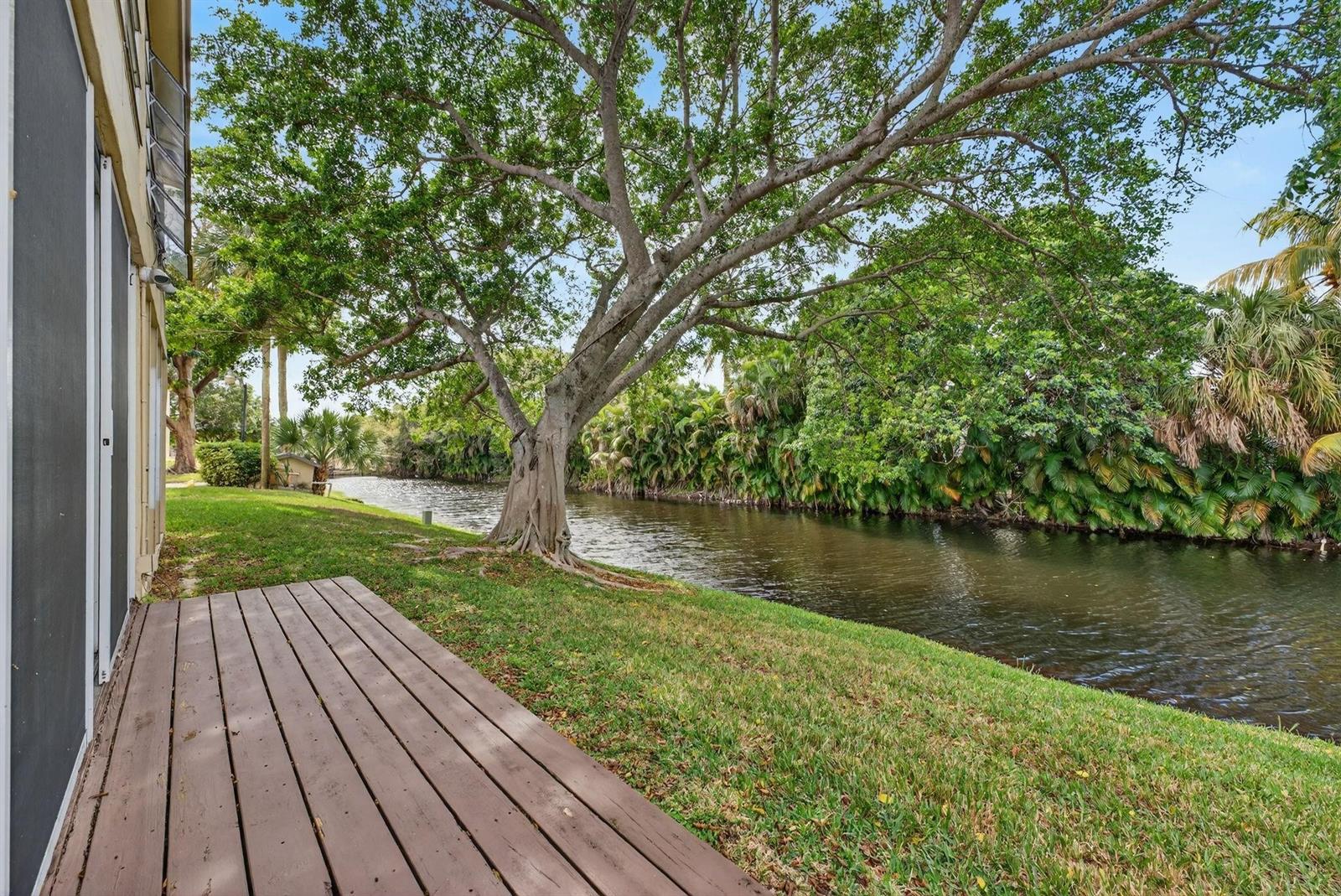 A wooden deck overlooks a grassy lawn, a large tree, and a canal with palm trees — 101 NW 76th Avenue # 102, Margate FL 33063, MARGATE, FL