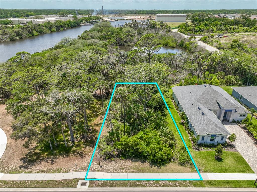 An aerial view shows a vacant, wooded residential lot outlined in blue next to a house — 300 S RIVERWALK DRIVE, PALM COAST, FL