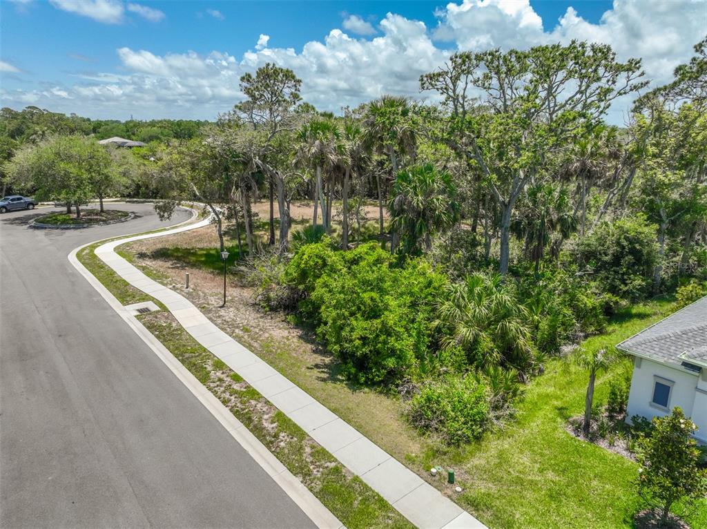 An aerial view shows a vacant, wooded residential lot next to a paved street and sidewalk — 300 S RIVERWALK DRIVE, PALM COAST, FL