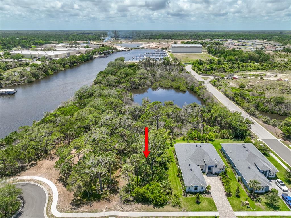 An aerial view shows a wooded residential lot next to a river and marina — 300 S RIVERWALK DRIVE, PALM COAST, FL