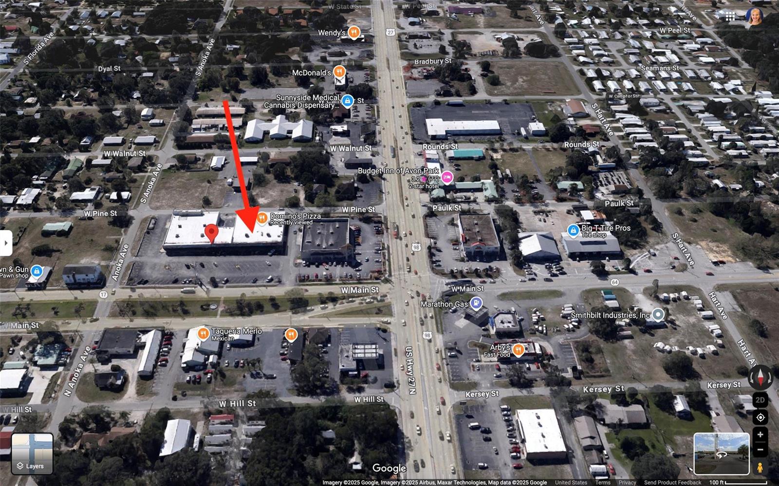 This is an aerial map view of a commercial area in Avon Park, Florida — 1091 W Main Street, FL 33825, FL