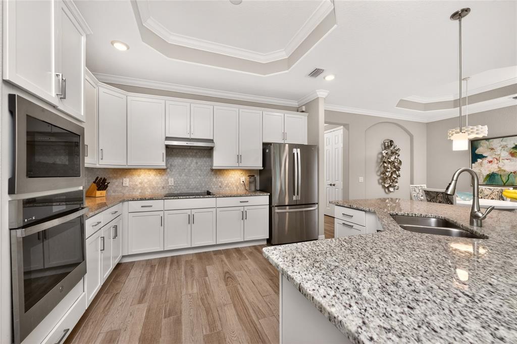 A kitchen features white cabinets, granite countertops, stainless steel appliances, and wood-look flooring — 25180 LONGMEADOW DRIVE, PUNTA GORDA, FL
