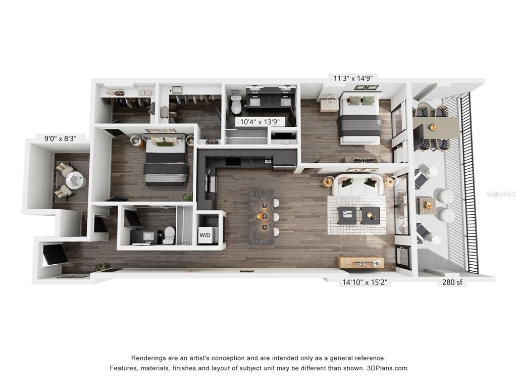 This is a 3D floor plan rendering of a two-bedroom apartment with a large balcony — 221 MAIN STREET N UNIT B2-1010, ST PETERSBURG, FL