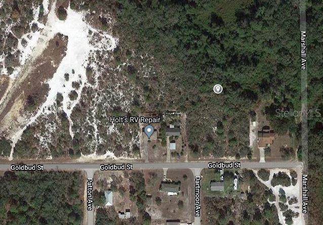 This is an aerial map view showing a property near Goldbud Street and Marshall Avenue — 1515 RAINTREE STREET, LAKE PLACID, FL
