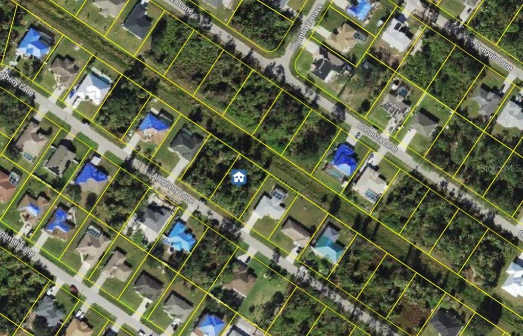 This is an aerial map view showing residential lots and houses along several suburban streets — Lot 17 ALLEGHENY LANE, NORTH PORT, FL