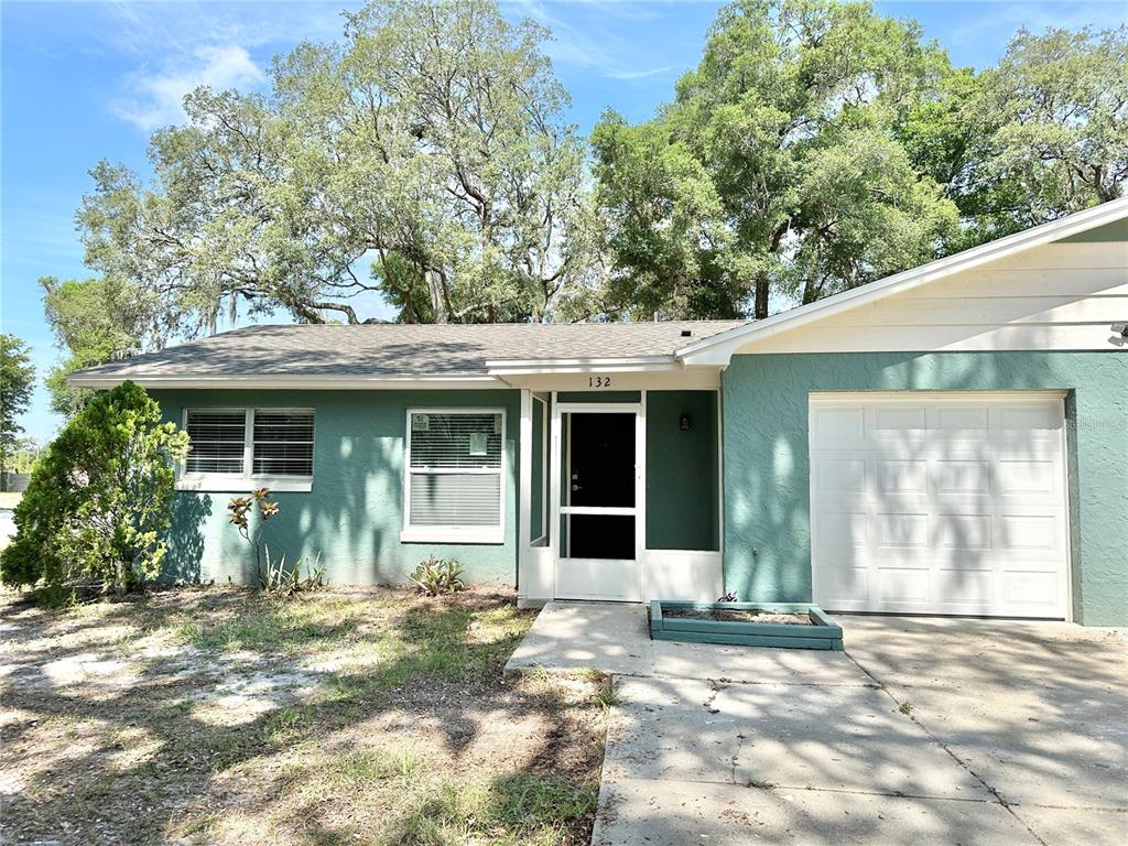 A single-story house with teal stucco siding, a white garage door, and a front entrance — 132 S BULOVA DRIVE, APOPKA, FL