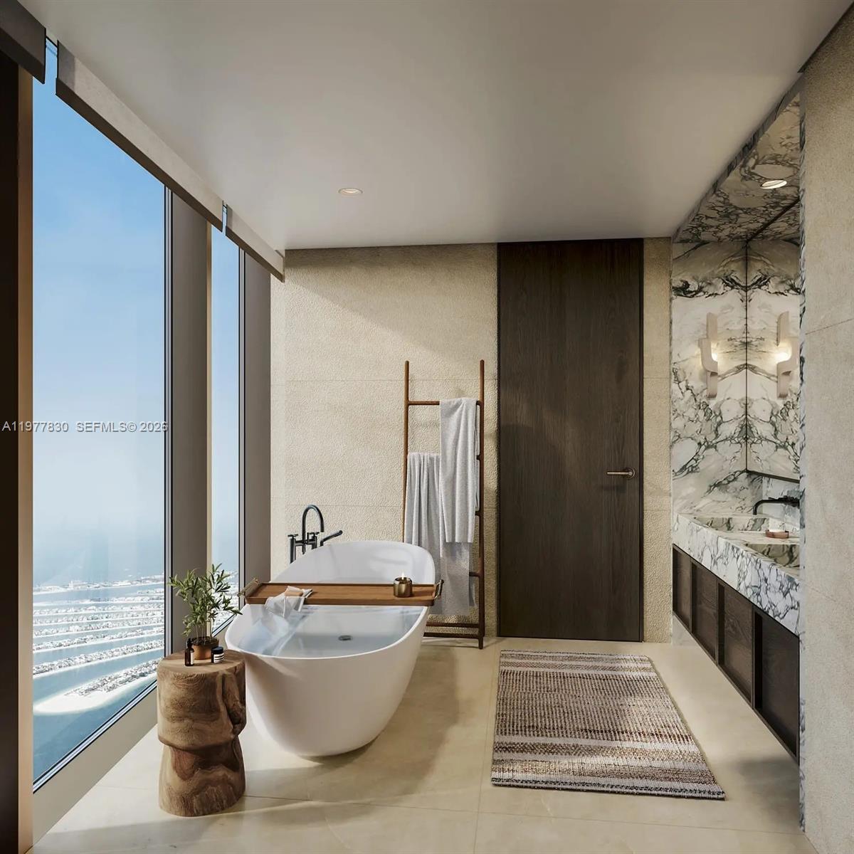 This rendering shows a modern bathroom with a soaking tub, marble vanity, and ocean view — 15 West Crescent # 0, Dubai, FL