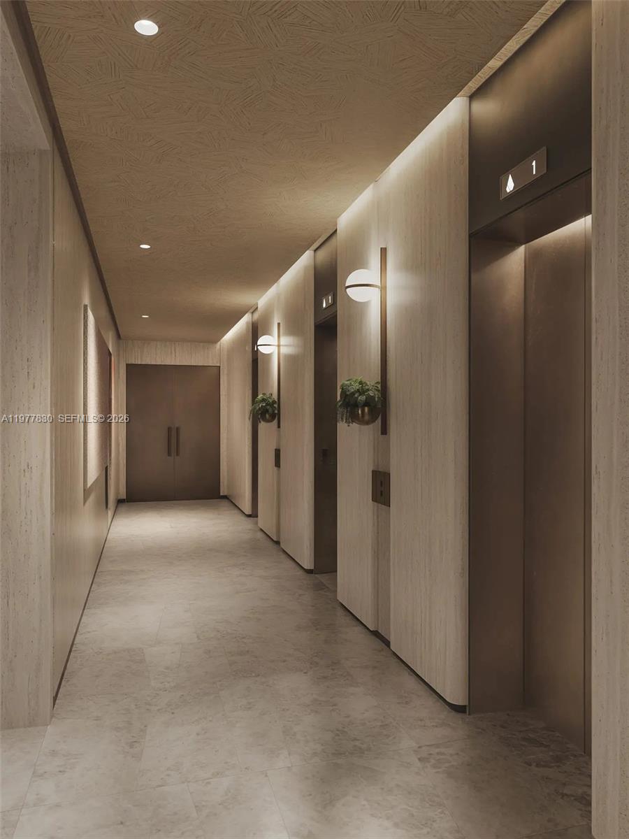 This is a rendering of a modern hallway featuring wood-paneled walls and elevator doors — 15 West Crescent # 0, Dubai, FL