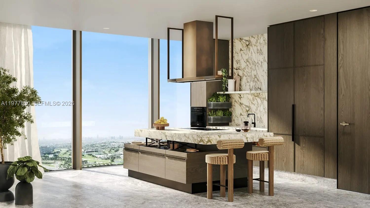 This rendering shows a modern kitchen with a marble island, wood cabinetry, and floor-to-ceiling windows — 15 West Crescent # 0, Dubai, FL