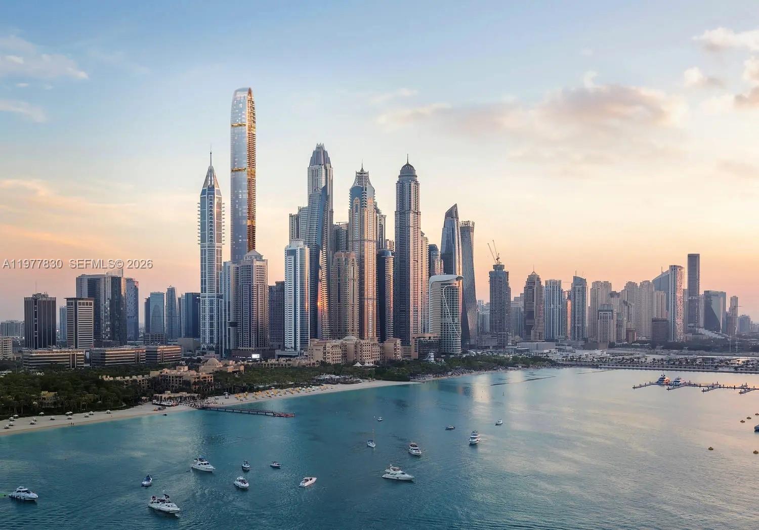 This is a rendering of the Dubai Marina skyline featuring numerous skyscrapers along the coast — 15 West Crescent # 0, Dubai, FL