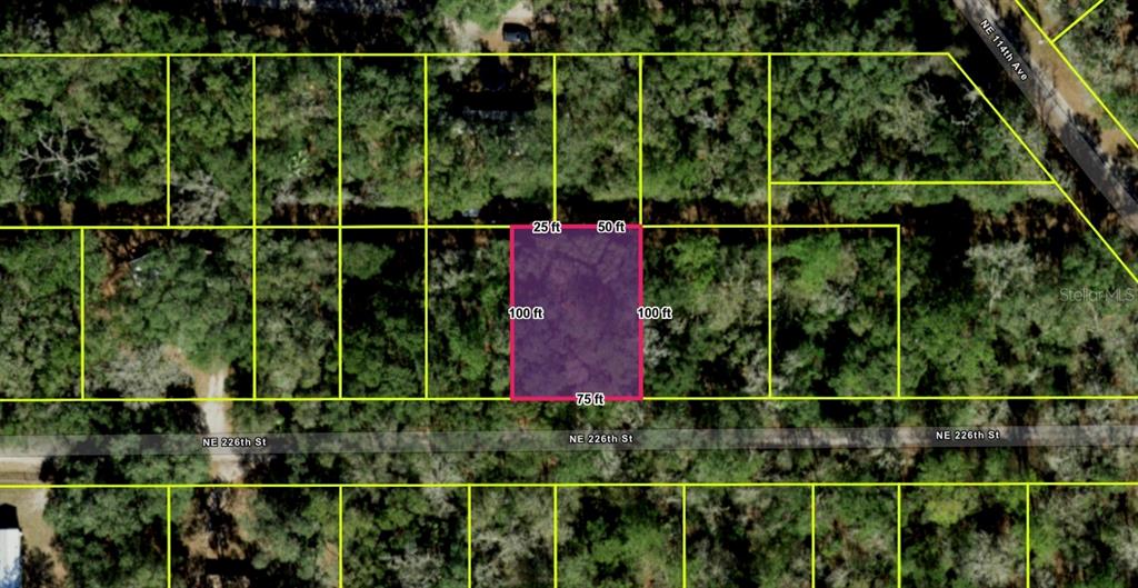 This is an aerial map showing a rectangular parcel of land highlighted in purple — NE 112TH TERRACE, FORT MC COY, FL