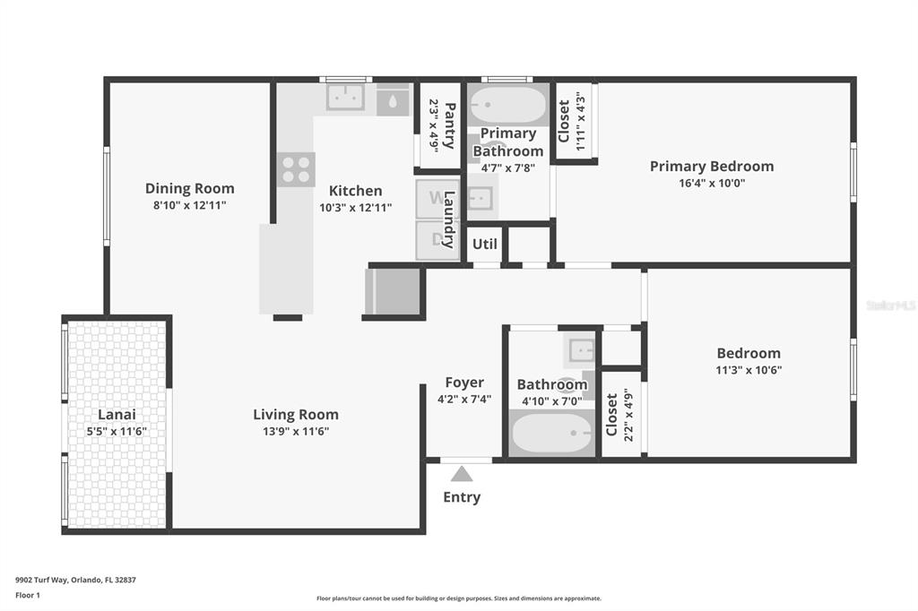 This is a floor plan for a two-bedroom, two-bathroom residential unit — 9902 TURF WAY UNIT 6, ORLANDO, FL