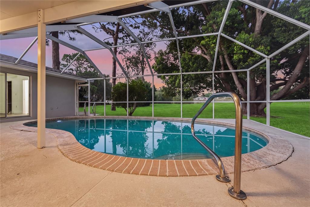A screened-in swimming pool with a brick coping edge sits on a concrete patio — 505 BAMBOO COURT, TARPON SPRINGS, FL