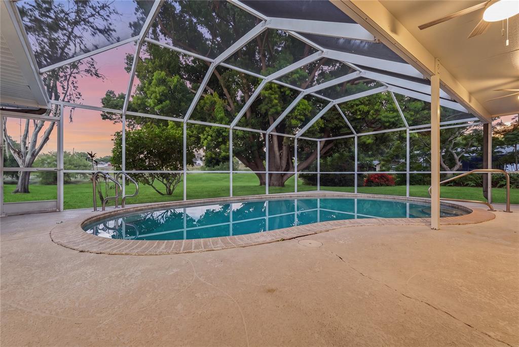 A screened-in patio features a kidney-shaped swimming pool overlooking a grassy lawn and trees — 505 BAMBOO COURT, TARPON SPRINGS, FL