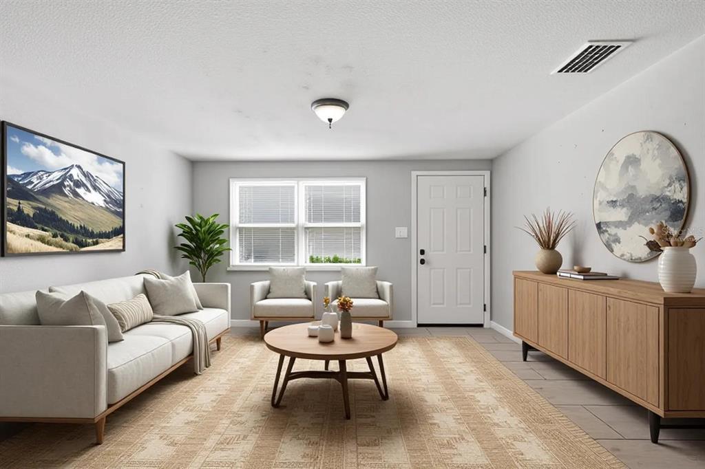 This living room features a sofa, two armchairs, a coffee table, and a wooden sideboard — 4506 POOLE STREET, NEW PORT RICHEY, FL