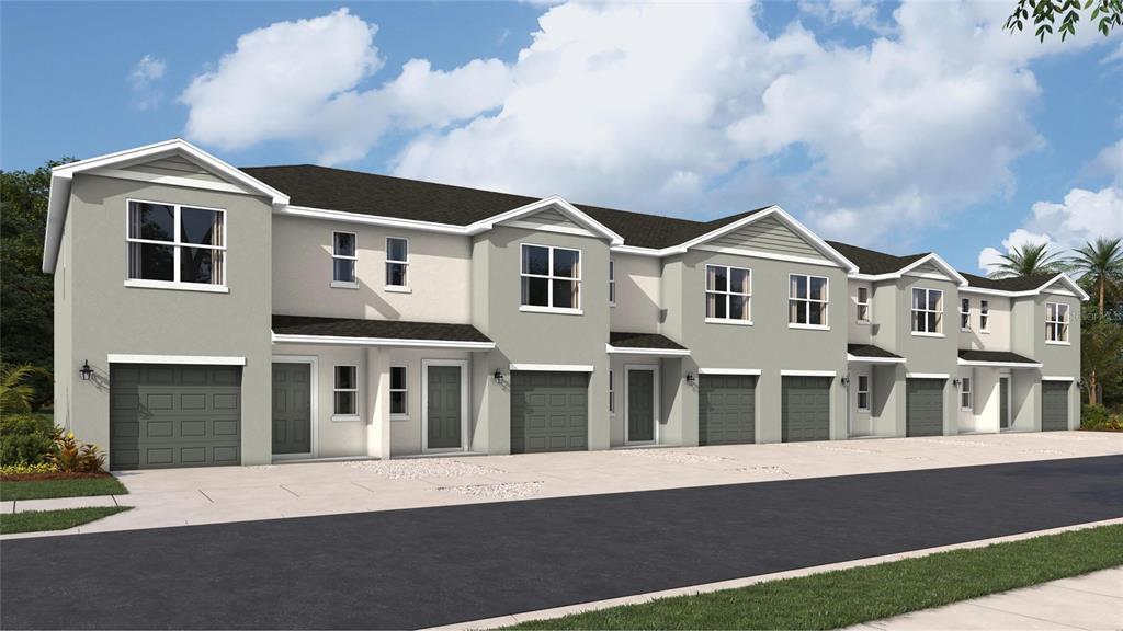 This is a digital rendering of a multi-unit townhouse complex with attached garages — 2116 PILSNER LOOP, BRADENTON, FL