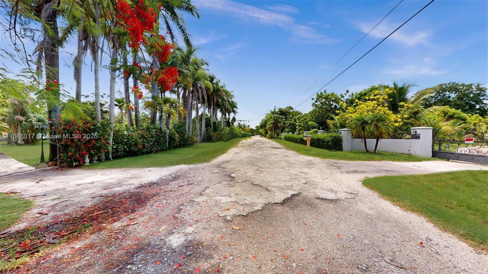A gravel driveway leads toward a gated entrance lined with palm trees and lush landscaping — 18475 SW 204th St, Miami FL 33187, MIAMI, FL