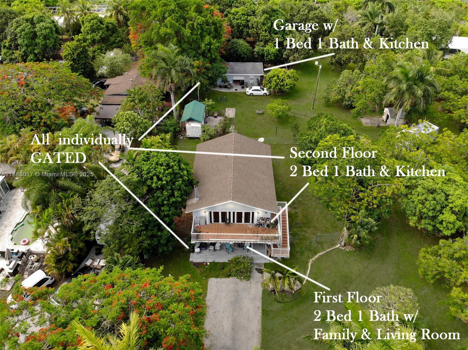 An aerial view shows a house with three separate living units and a detached garage — 18475 SW 204th St, Miami FL 33187, MIAMI, FL