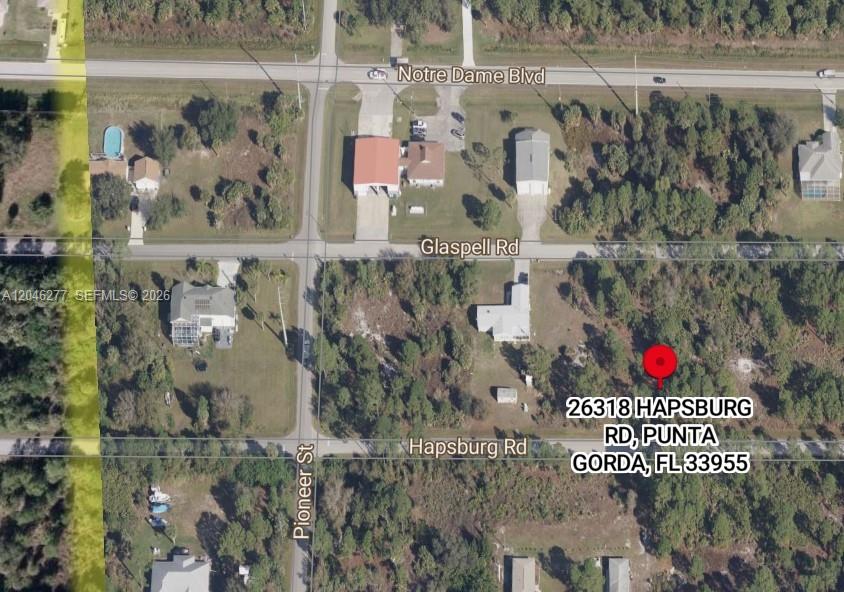 This is an aerial map showing a residential lot with surrounding roads and nearby houses — 26318 Hapsburg Rd, Punta Gorda FL 33955, PUNTA GORDA, FL