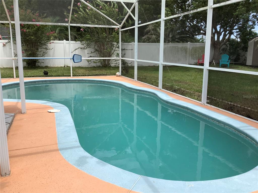 A swimming pool with a light blue border sits inside a screened-in patio enclosure — 665 STEVELYNN CIRCLE, WINTER GARDEN, FL