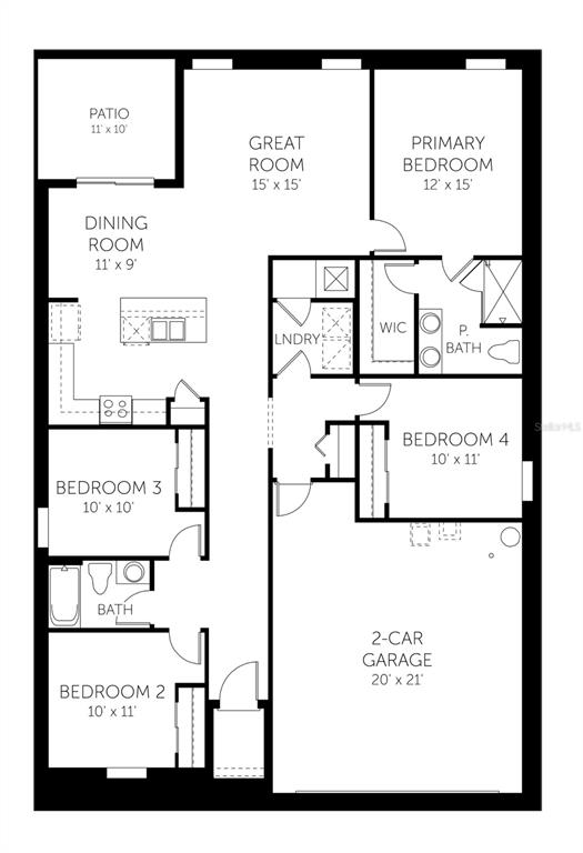 This is a floor plan for a four-bedroom home with a two-car garage and patio — 6213 SANDERS GROVE CIRCLE, OKAHUMPKA, FL