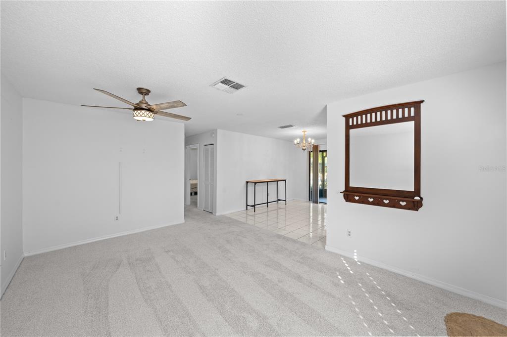 A carpeted living room features a ceiling fan, a wall mirror, and an adjacent dining area — 2701 NE 10TH STREET UNIT 101, OCALA, FL