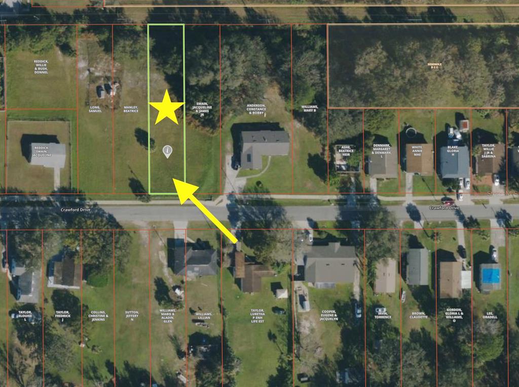An aerial map view shows a highlighted vacant residential lot located along Crawford Drive — CRAWFORD DRIVE, SANFORD, FL