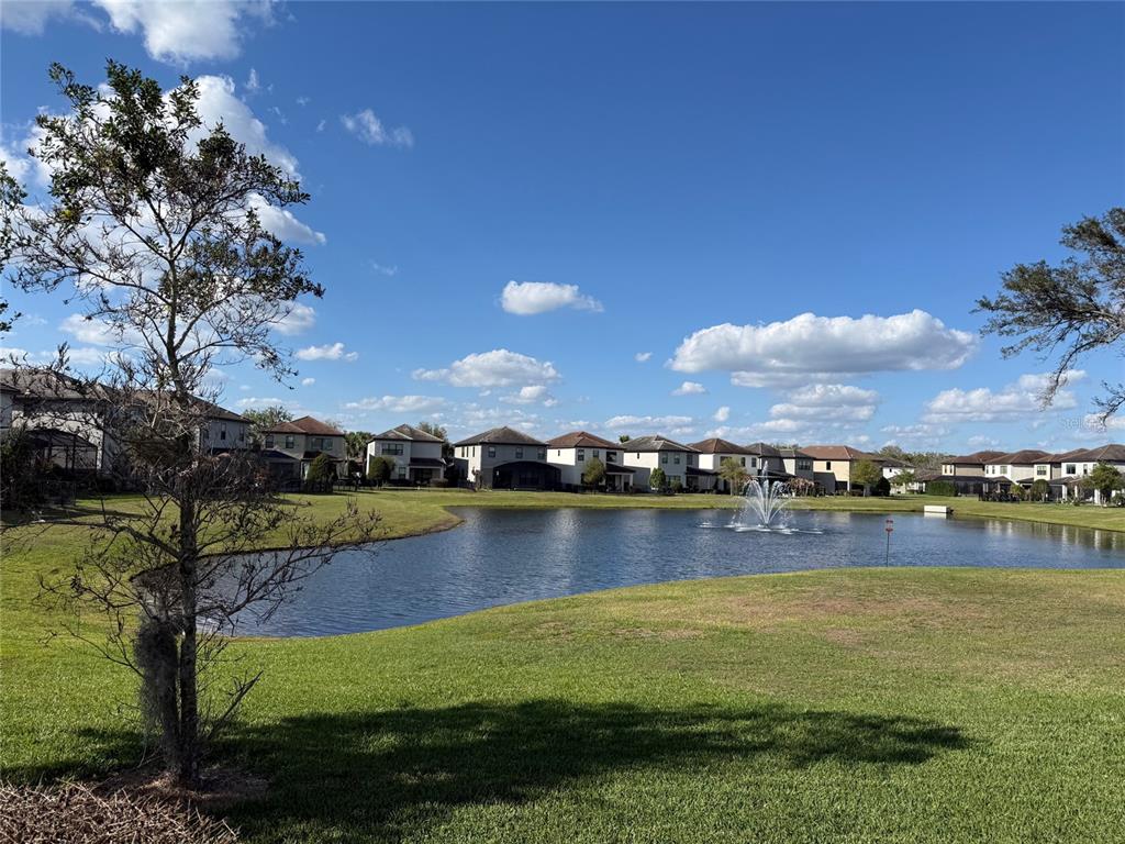 A view of a pond with a fountain, surrounded by houses and a grassy lawn — 1131 WILDMEADOW RUN, WINTER PARK, FL