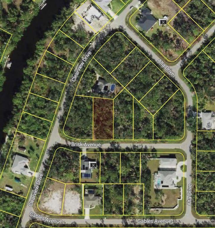 This is an aerial map showing a vacant, wooded residential lot highlighted in brown — 14202 BRISK AVENUE, PORT CHARLOTTE, FL