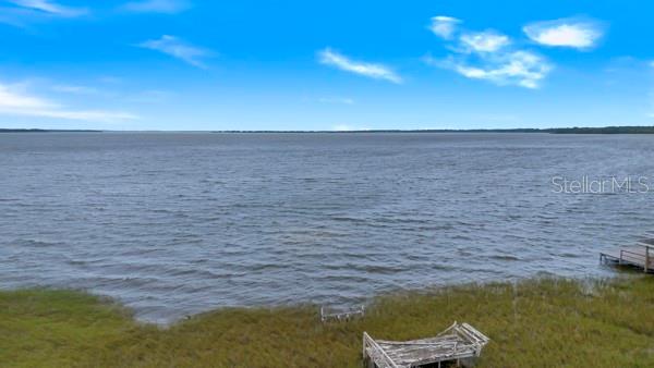 An aerial view shows a large lake with a grassy shoreline and a wooden dock — 716 NEWELL HILL RD, LEESBURG, FL