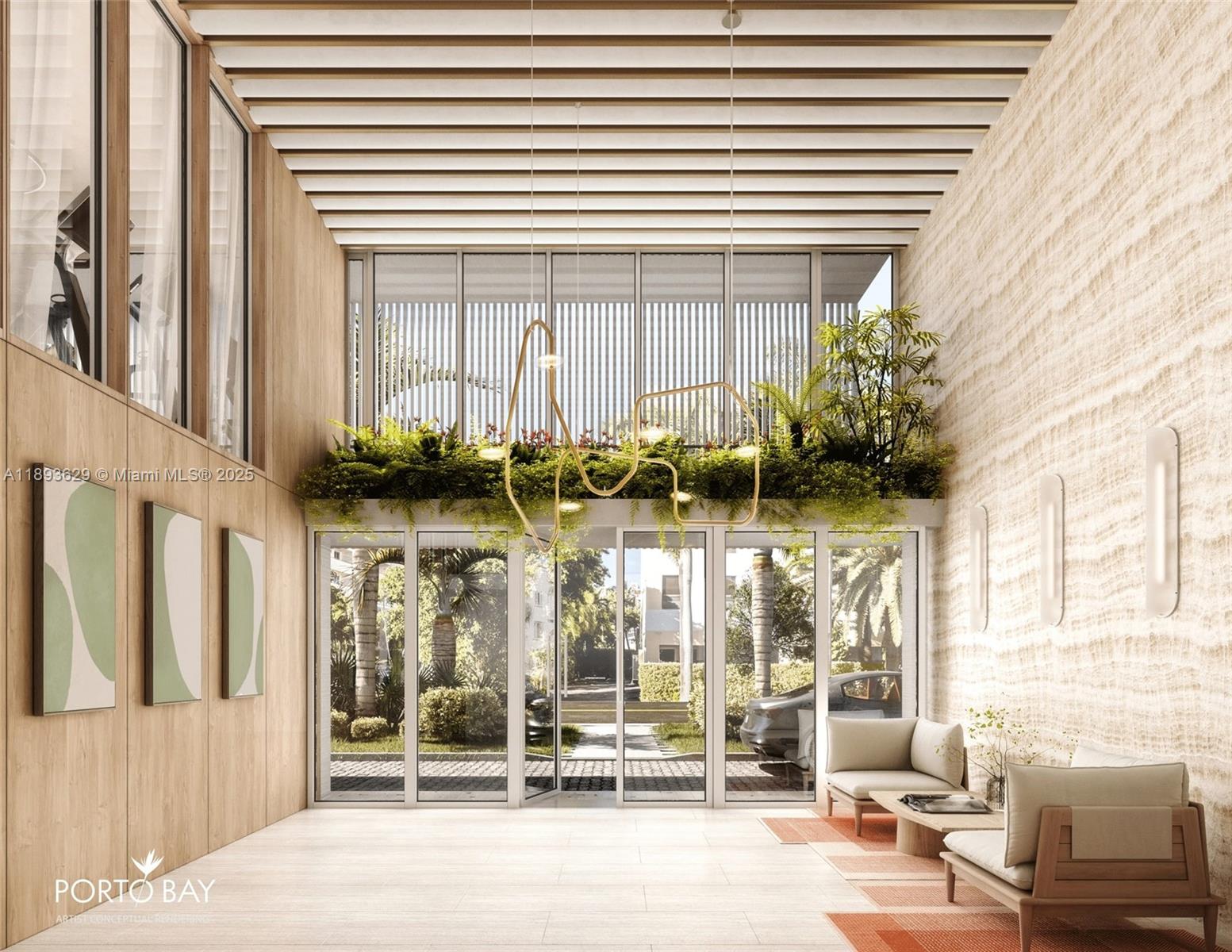 This architectural rendering shows a modern lobby with wood-paneled walls, a slatted ceiling, and greenery — 1130 100th St # 3D, Bay Harbor Islands FL 33154, BAY HARBOR ISLANDS, FL