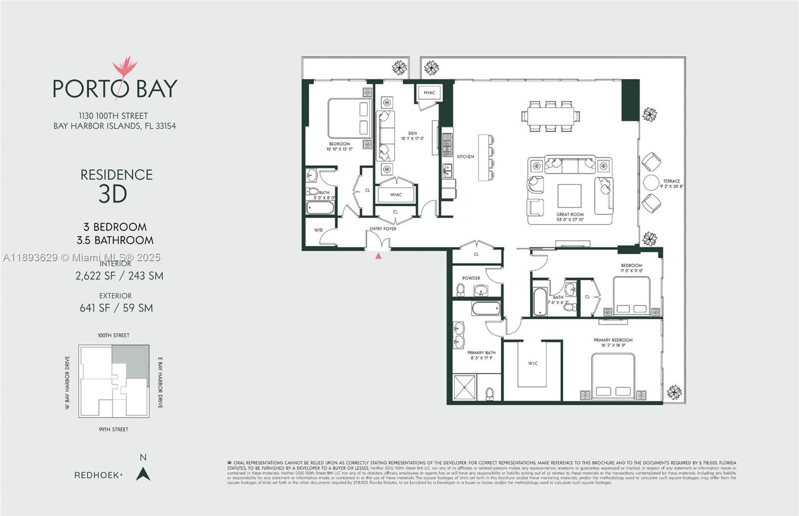 This is a floor plan for a three-bedroom, three-and-a-half-bathroom residential unit — 1130 100th St # 3D, Bay Harbor Islands FL 33154, BAY HARBOR ISLANDS, FL