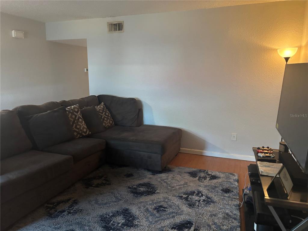 A living room features a dark gray sectional sofa, a patterned area rug, and a television — 6080 22ND AVENUE N UNIT 3, ST PETERSBURG, FL