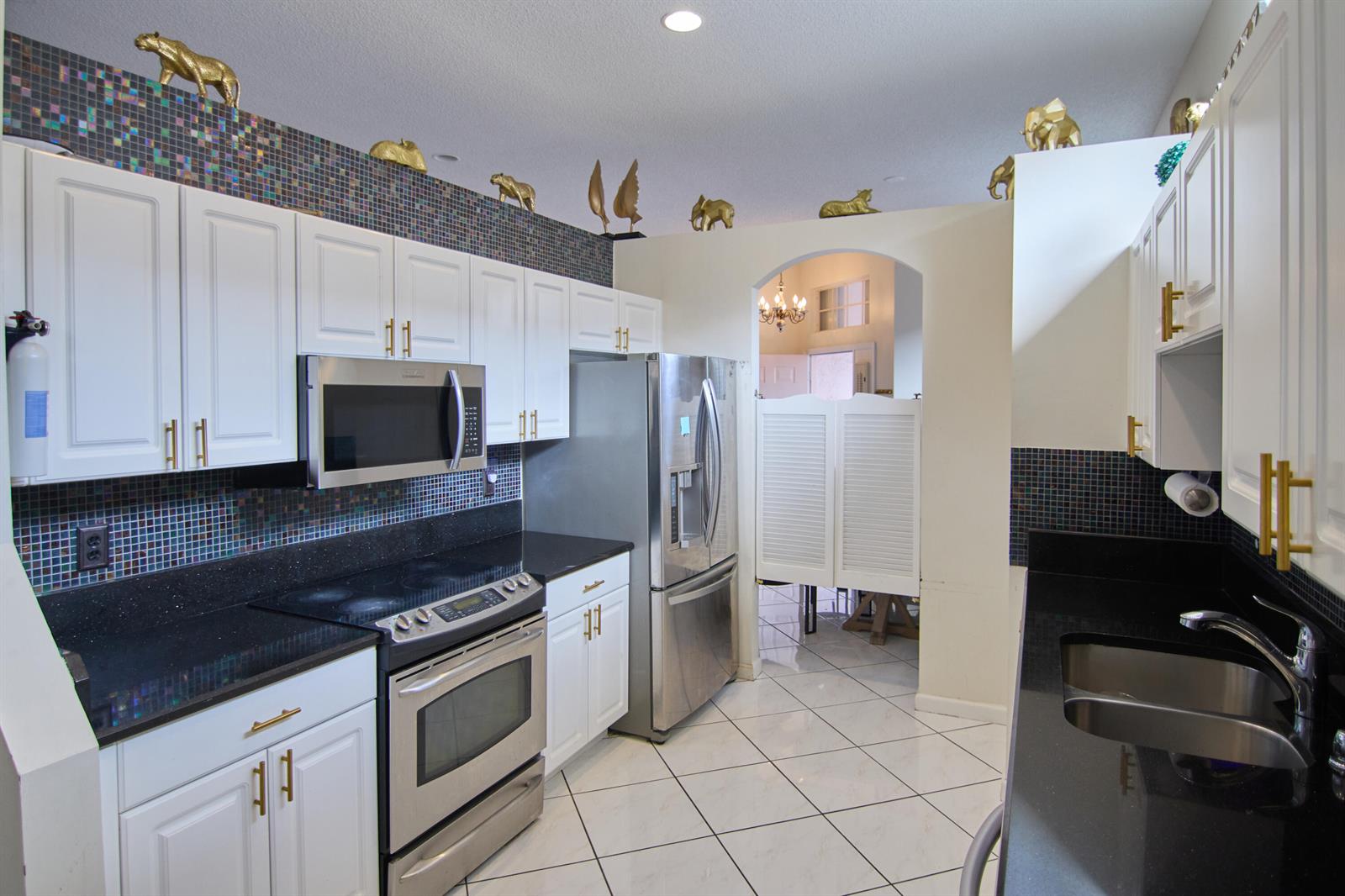 A kitchen with white cabinets, black countertops, stainless steel appliances, and gold animal figurines — 2824 Waters Edge Circle, FL 33413, FL