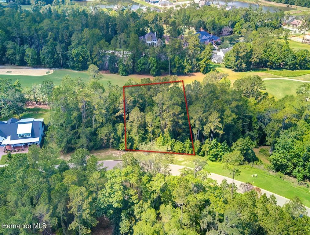 An aerial view shows a wooded residential lot outlined in red next to a golf course — 5947 CREEK RIDGE ROAD, BROOKSVILLE, FL