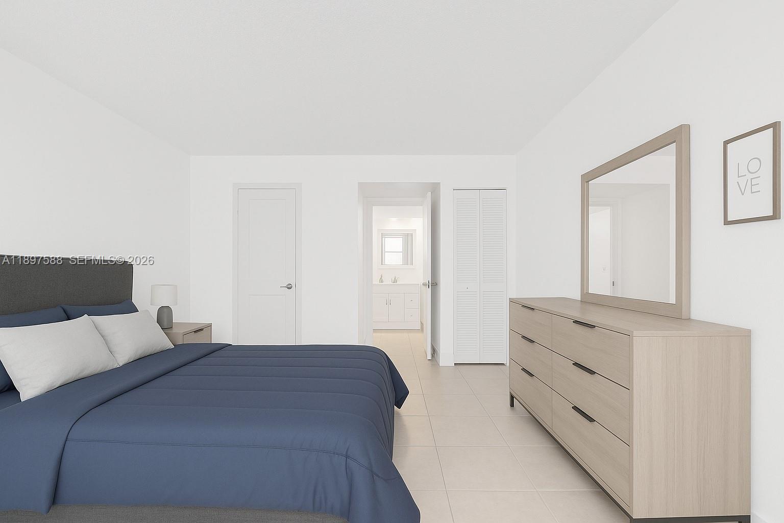 This is a digital rendering of a bedroom featuring a bed, dresser, and bathroom entrance — 3140 S Ocean Dr # 207, Hallandale Beach FL 33009, HALLANDALE BEACH, FL