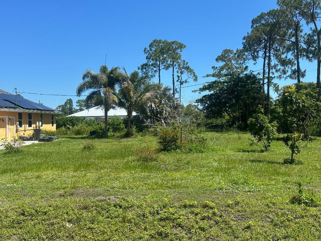 A grassy backyard features a yellow house with solar panels and several mature trees — 15185 Tangelo Boulevard, FL 33412, FL