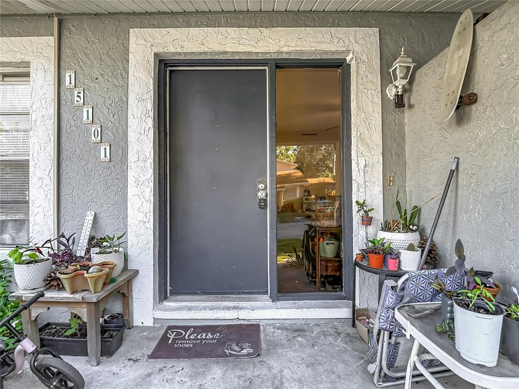 The exterior entrance features a dark door, a glass sidelight, and potted plants on porches — 15101 MORNING DR, LUTZ, FL