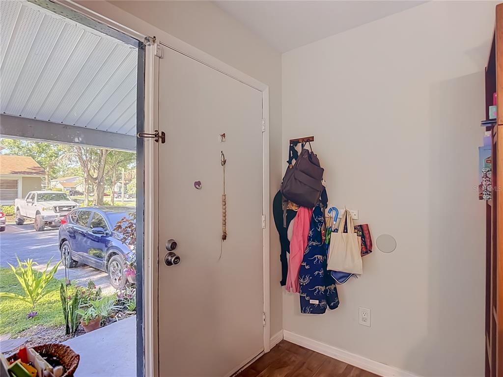 An entryway features a white door, a coat rack with bags, and a view outside — 15101 MORNING DR, LUTZ, FL